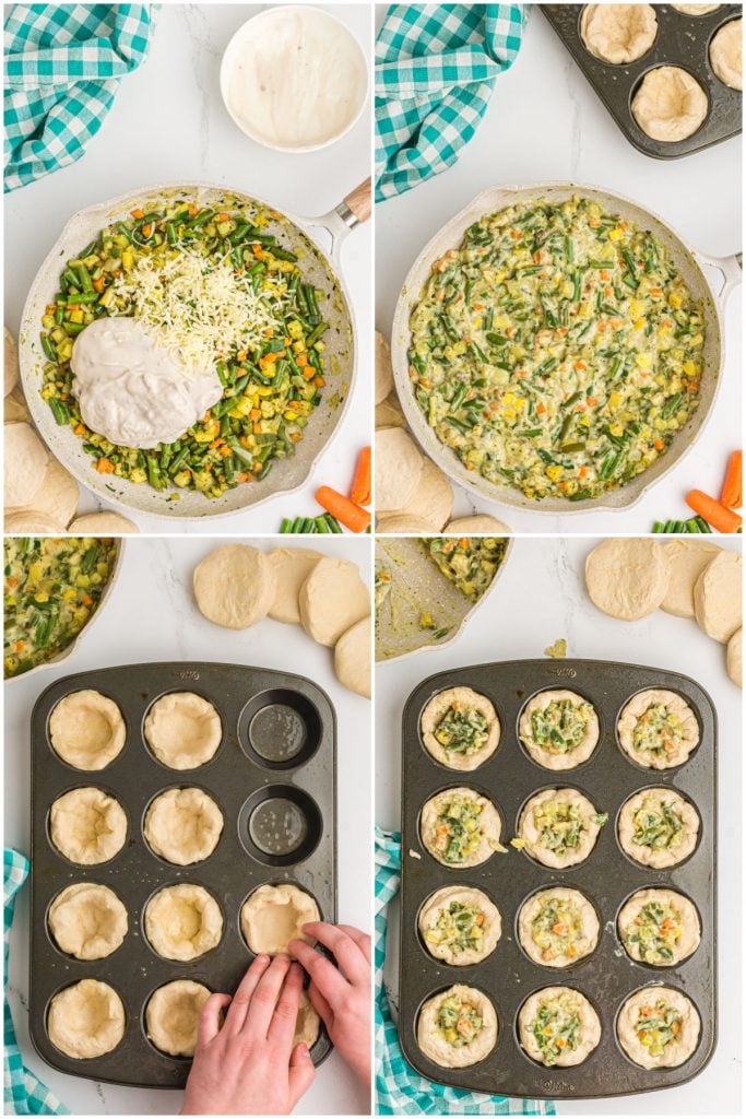 collage of 4 photos showing the process of making mini pot pies in a muffin tin.