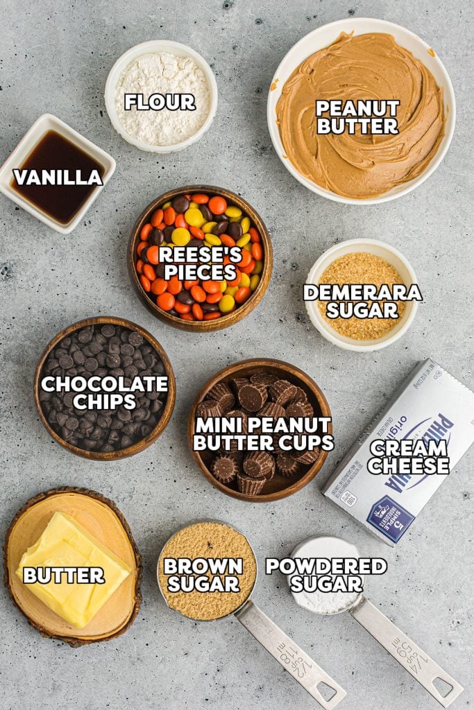overhead shot of labeled ingredients laid out to make peanut butter cup dip.