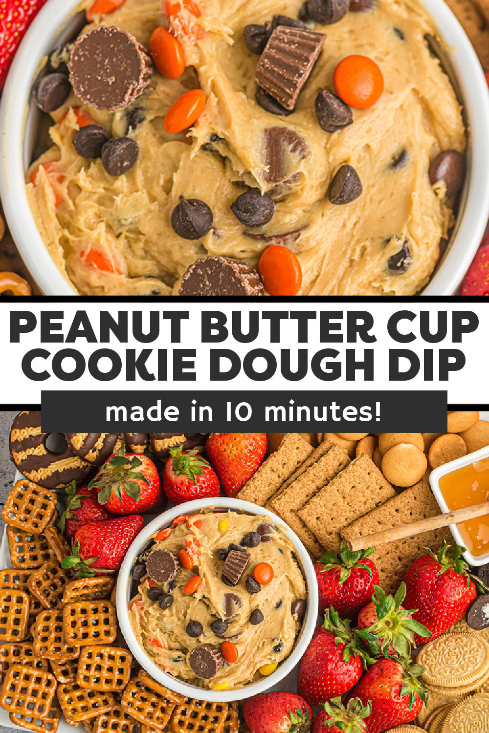 Peanut Butter Cookie Dough Dip is so simple to make and perfect for the peanut butter and chocolate lover. This creamy and fluffy dessert dip is loaded with mini Reese’s cups, Reese’s Pieces, and just the right amount of chocolate chips. | www.persnicketyplates.com