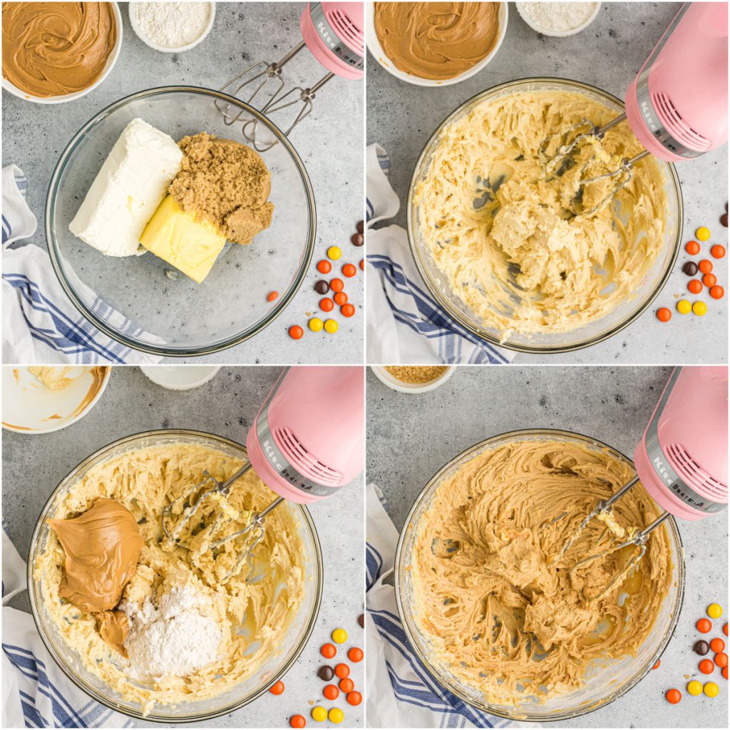 collage of 4 photos showing the process of making peanut butter cookie dough dip.