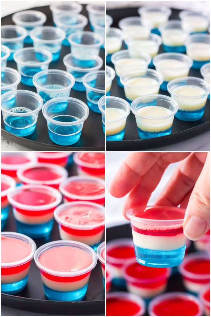 collage of 4 photos showing the process of making layered jello shots.