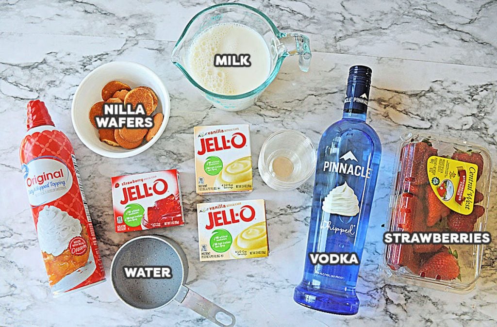 labeled ingredients laid out to make jello shots.