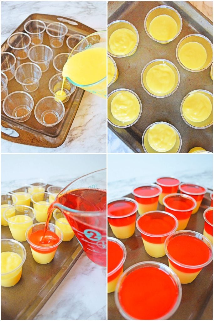 collage of 4 photos showing the process of making layered jello shots.