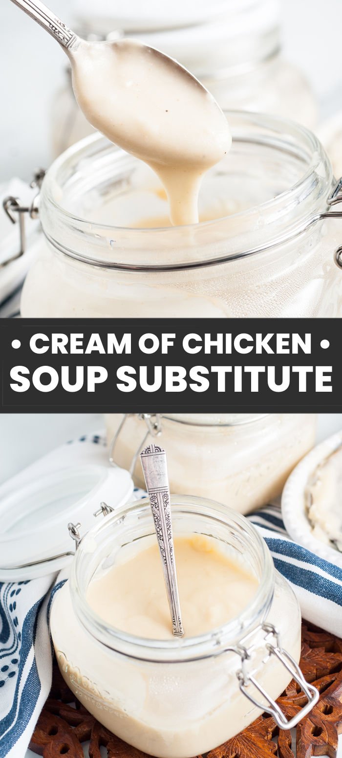 Skip the jiggly condensed canned soup and learn how to make this easy substitute for cream of chicken soup with just a few ingredients. This made from scratch cream soup is the perfect replacement in your favorite casseroles, soups, crockpot recipes and more that call for a can of cream of chicken soup. | www.persnicketyplates.com