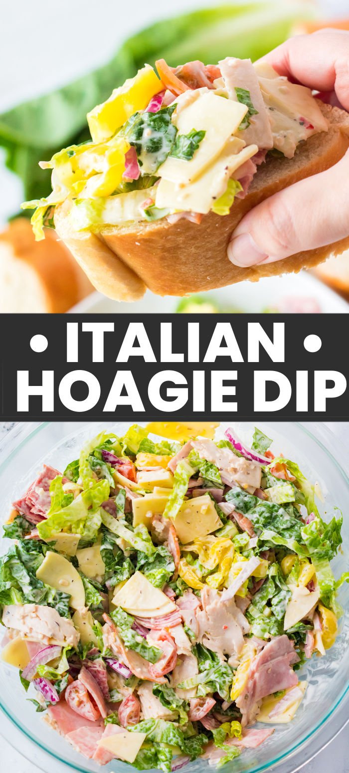 This easy Hoagie Dip takes everything you love about an authentic Italian hoagie and turns it into delicious dip form. All the deli meat and cheeses chopped and tossed with a creamy Italian dressing and scooped up with crusty baguette slices. Skip the sub shop and make this at home for a new favorite! | www.persnicketyplates.com