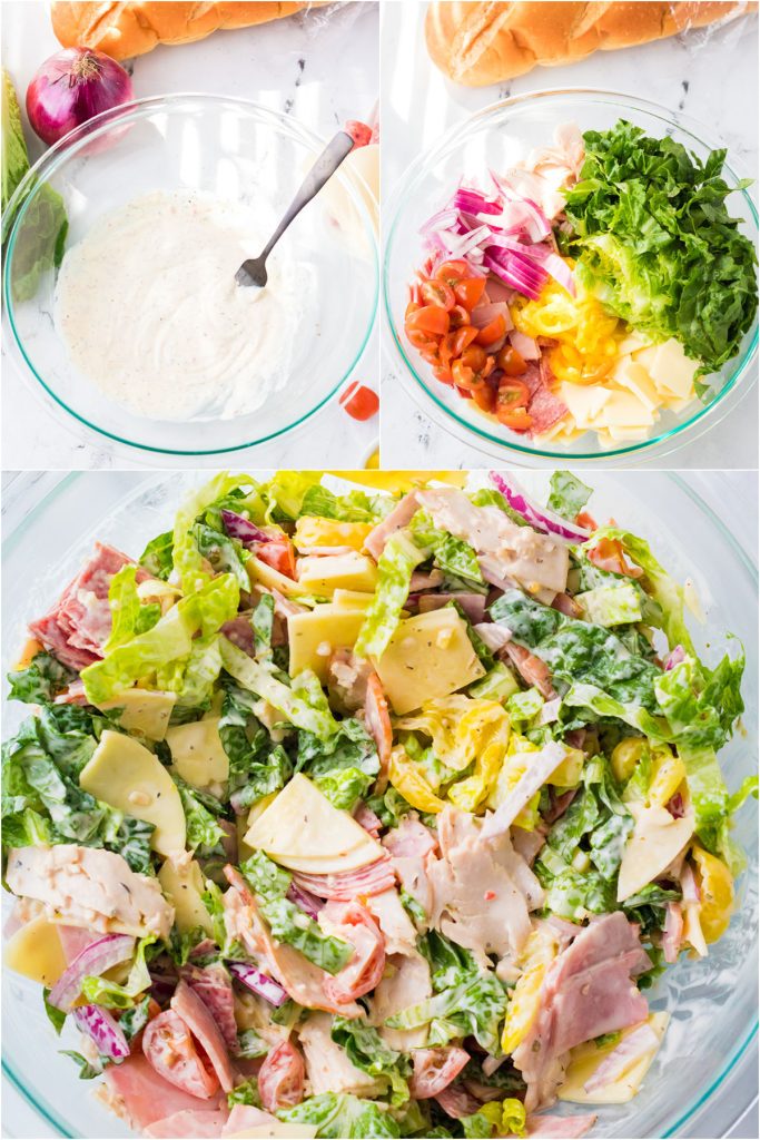 collage of 3 photos showing the process of making hoagie dip in a mixing bowl.