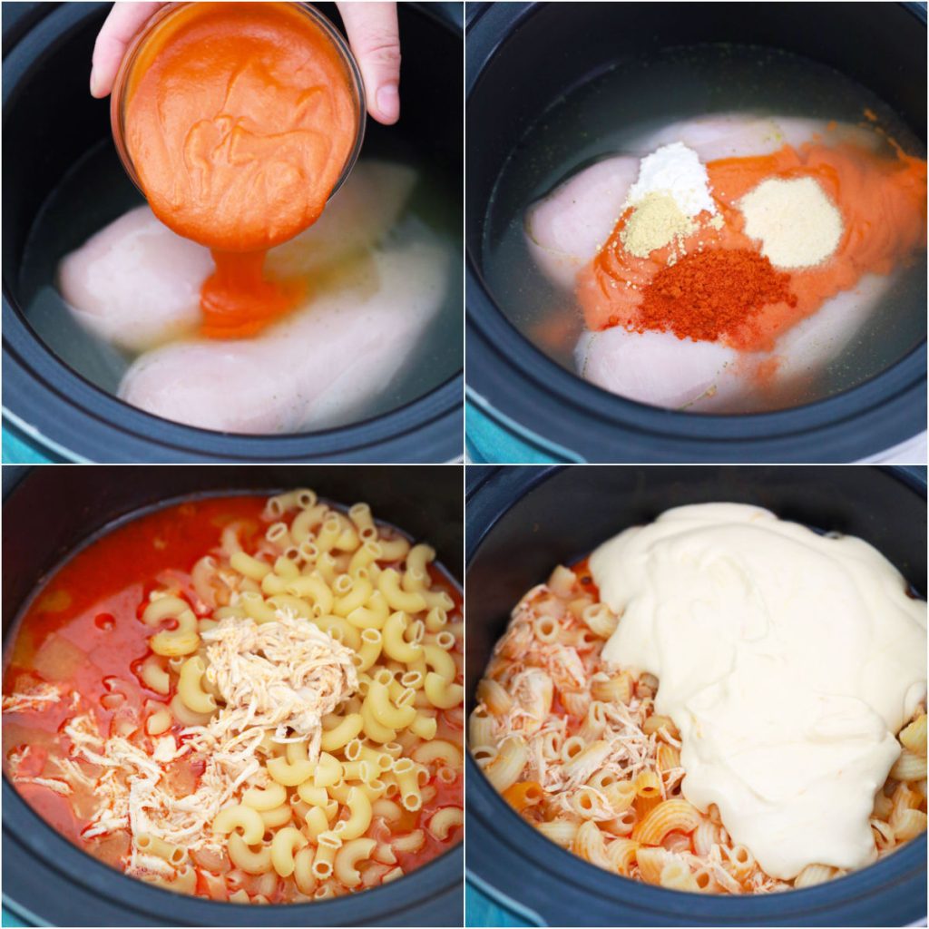 collage of 4 photos showing the process of making buffalo chicken macaroni & cheese in a slow cooker.