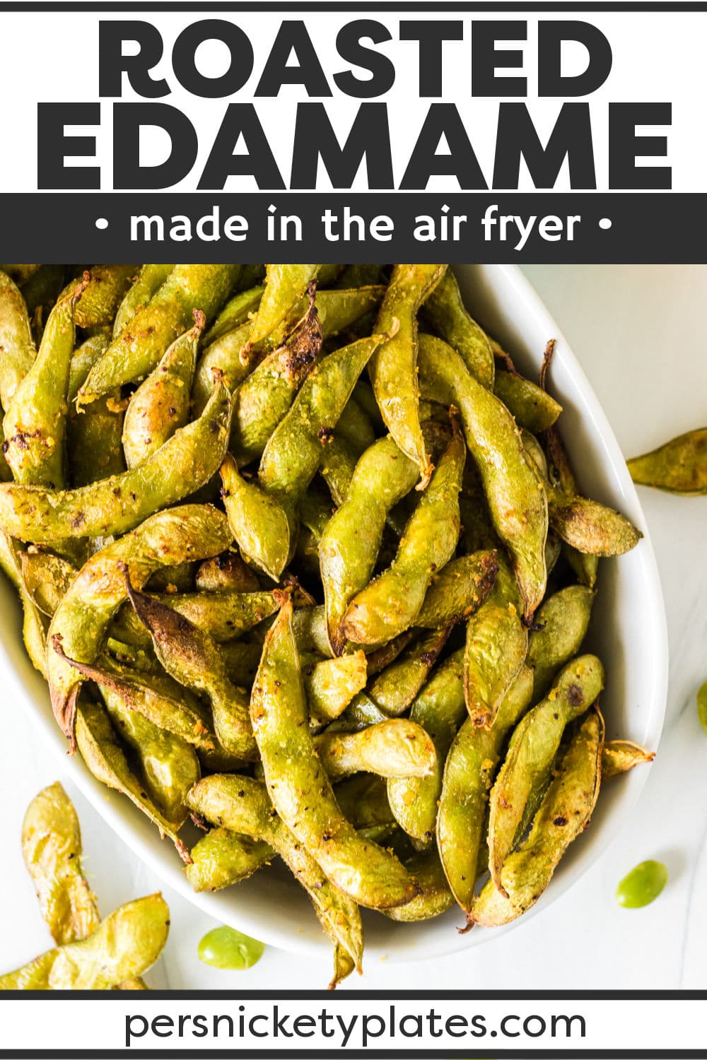 Easy air fryer edamame makes a simple snack or appetizer. Made in just 15 minutes from fresh or frozen edamame, this side dish can be seasoned any way you like. | www.persnicketyplates.com