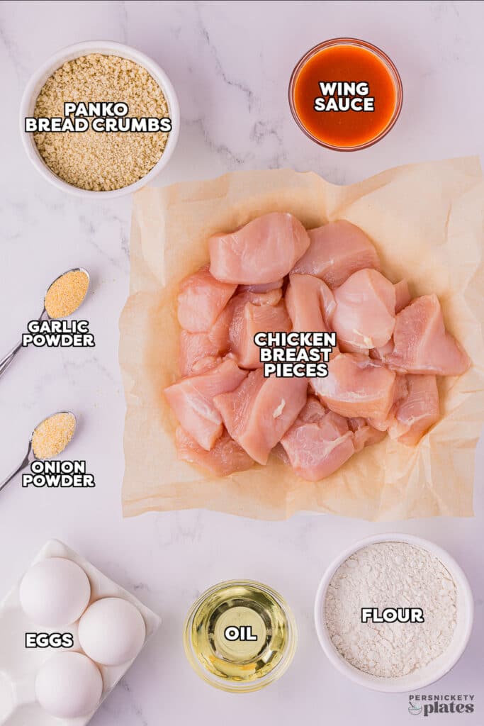 overhead shot of labeled ingredients laid out to make boneless wings.