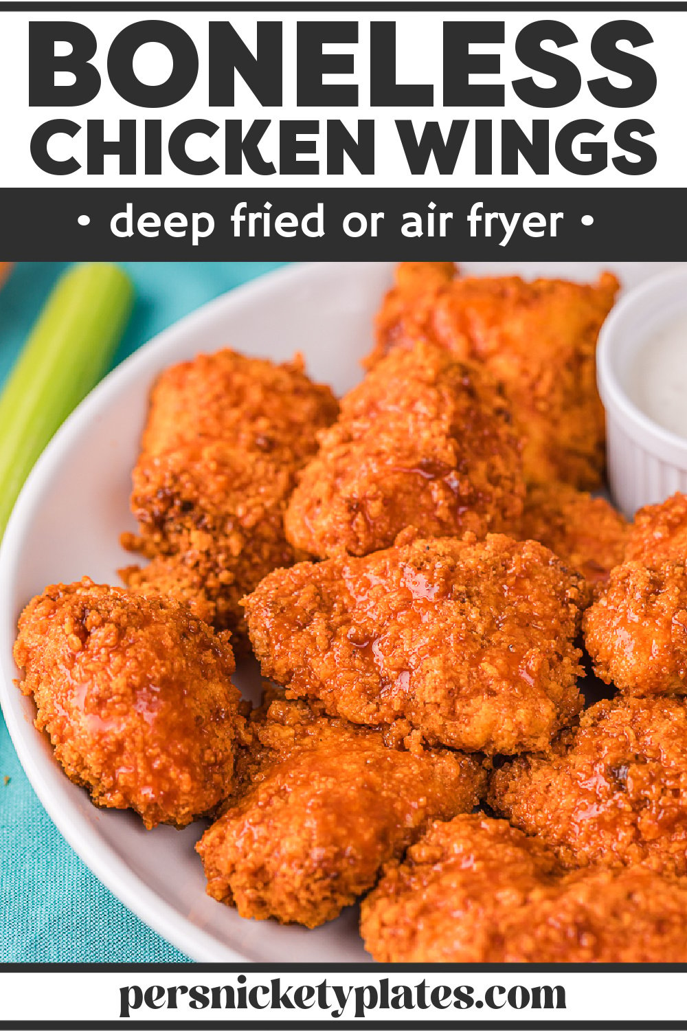 These easy boneless chicken wings are lightly breaded with panko bread crumbs and then fried - either on the stovetop or in the air fryer - until golden brown. Toss them in your favorite sauce and enjoy! | www.persnicketyplates.com