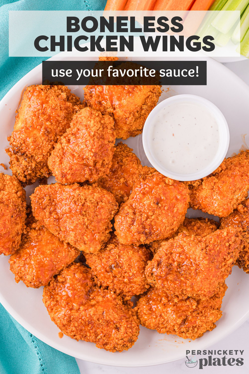 These easy boneless chicken wings are lightly breaded with panko bread crumbs and then fried - either on the stovetop or in the air fryer - until golden brown. Toss them in your favorite sauce and enjoy! | www.persnicketyplates.com