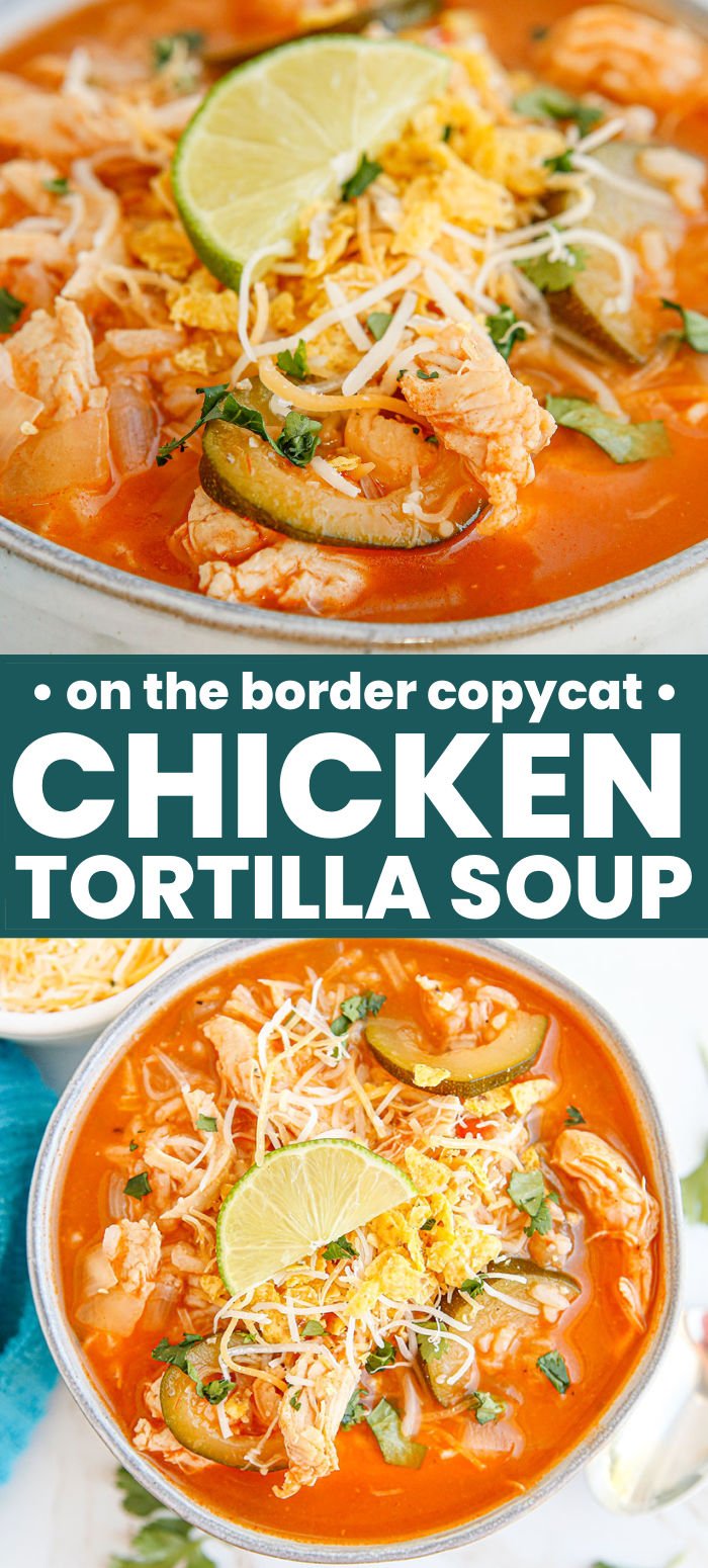 Are you looking for the best chicken tortilla soup? Tender chicken, zucchini, rice, shredded cheese, and more are in this easy copycat On the Border tortilla soup. Pair it with some tortilla chips and fresh salsa and you have a meal! | www.persnicketyplates.com
