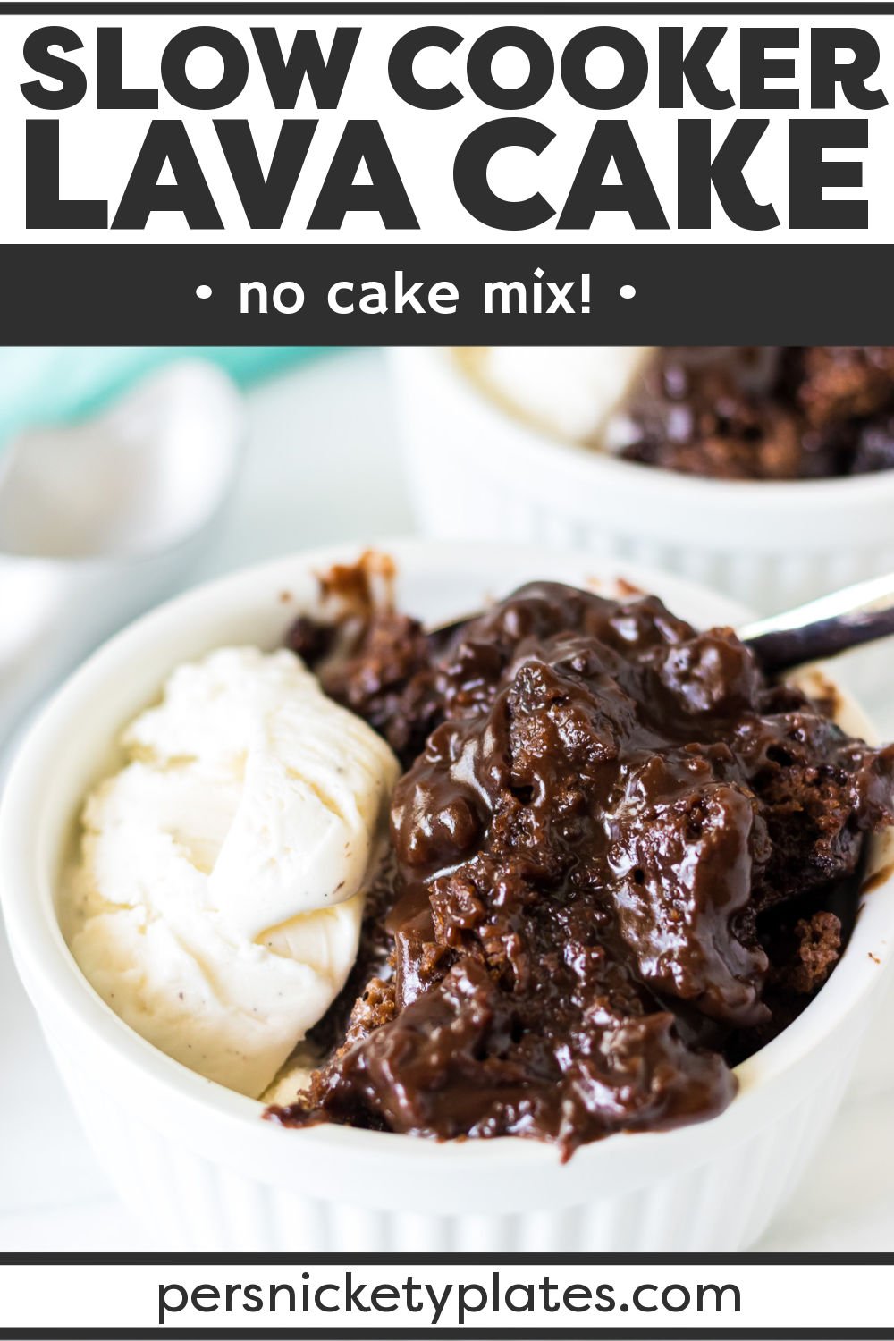 This Slow Cooker Chocolate Lava Cake is made entirely from scratch in the crockpot! Warm chocolate cake with a gooey center, filled with dark chocolate chips and then topped with a scoop of vanilla ice cream making a rich dessert that the entire family will love! | www.persnicketyplates.com