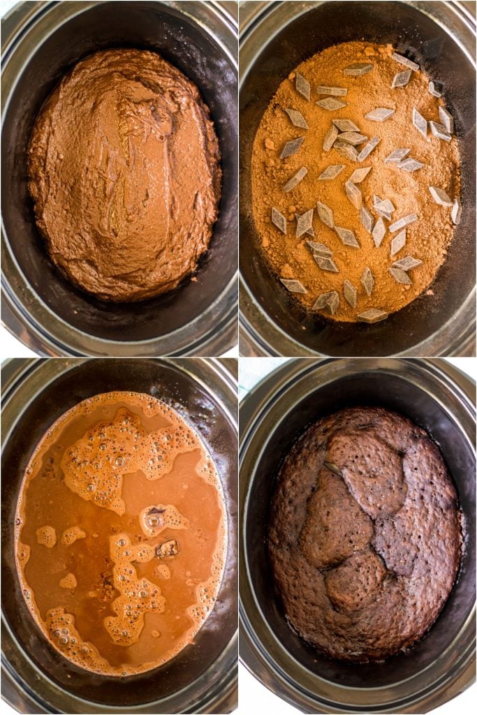 collage of 4 photos showing the process of making a lava cake in the crockpot.