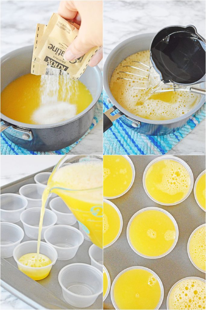 collage of 4 photos showing the process of making fuzzy navel jello shots.