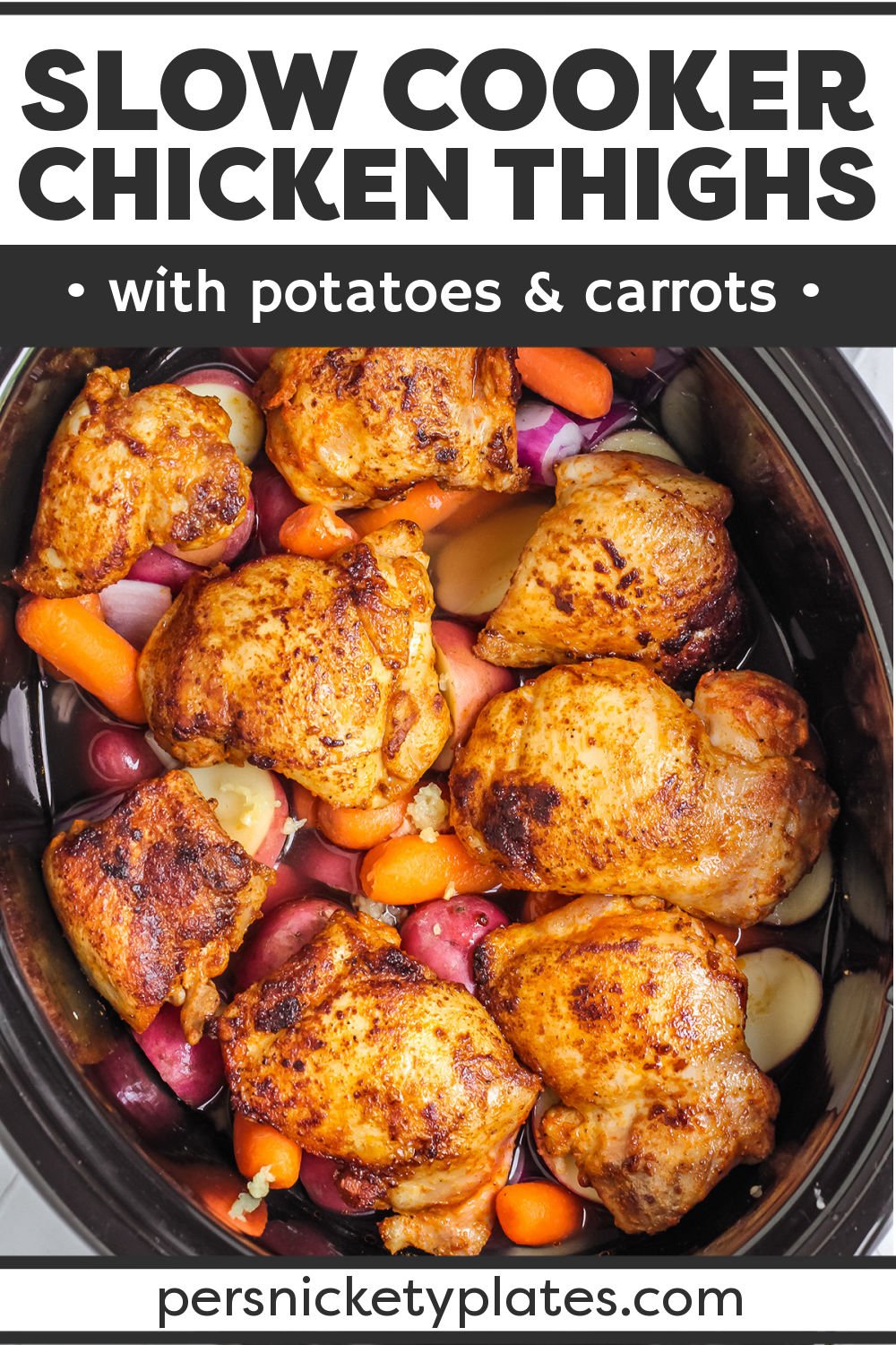 Slow Cooker Chicken Thighs with Potatoes & Carrots is an easy recipe that makes your entire dinner right in the crockpot! Juicy chicken thighs, tender potatoes and carrots, and a flavorful chicken gravy to pour over the top make this a meal the whole family will love. | www.persnicketyplates.com