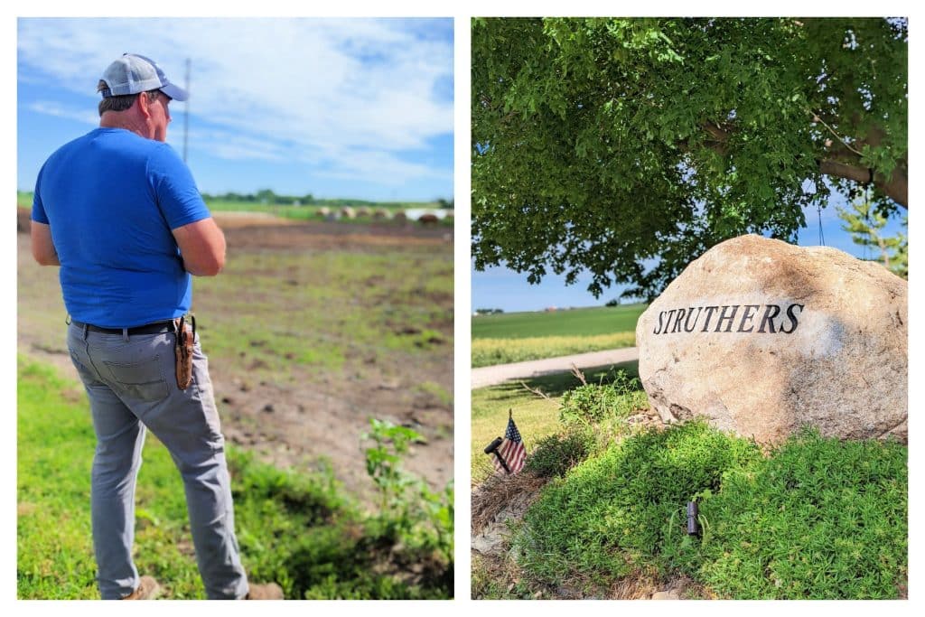collage of two photos showing a farmer and a rock reading "struthers". 