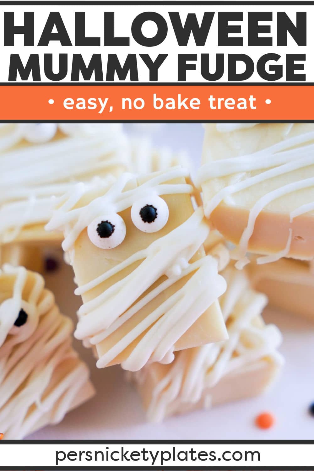 White chocolate Halloween Fudge is a fun and easy treat for the Halloween dessert table. Dressed up like mummies, this easy fudge recipe only requires a few ingredients. | www.persnicketyplates.com