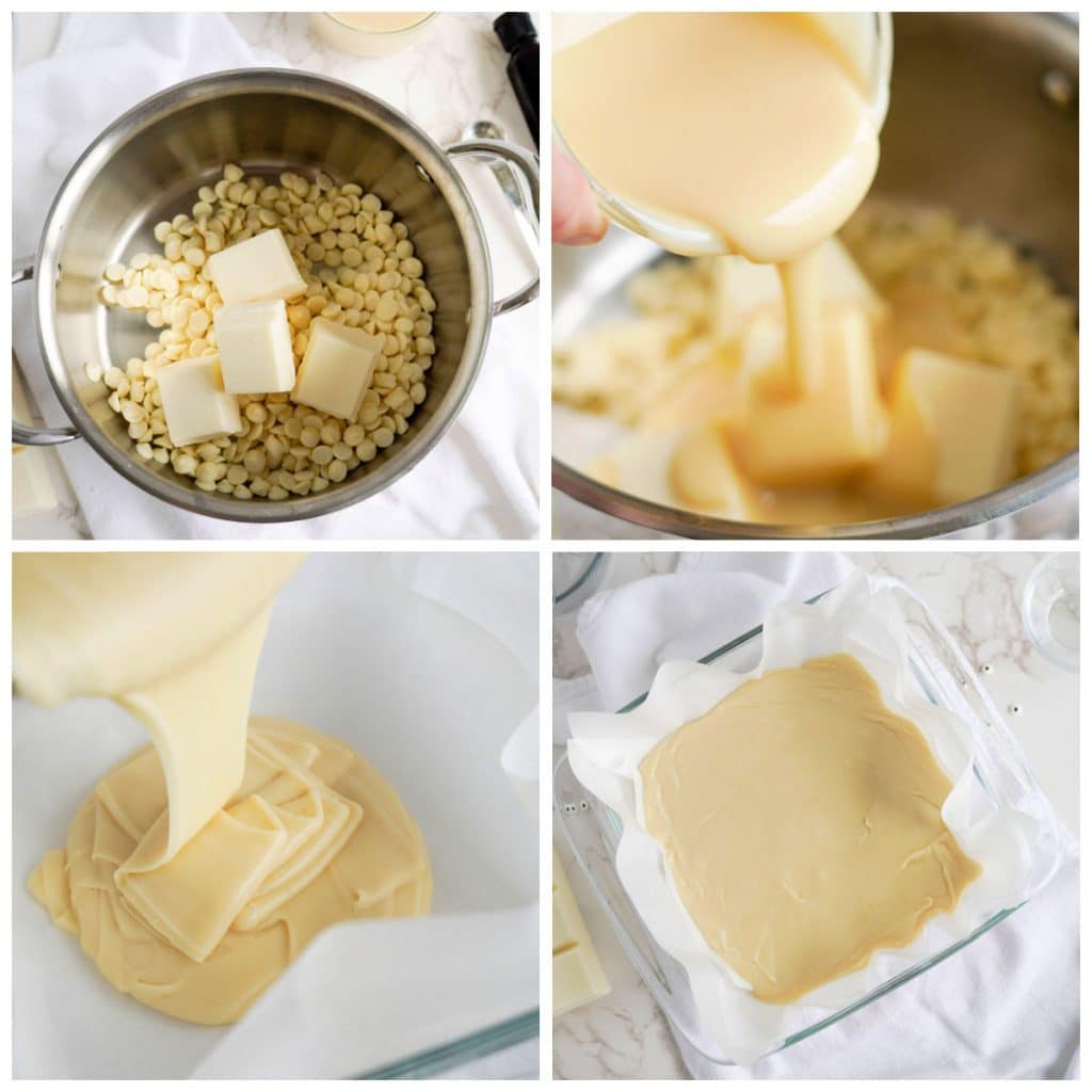 collage of 4 photos showing the process of making white chocolate fudge.