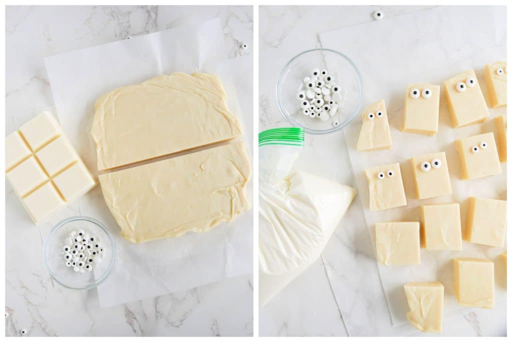 collage of two photos showing white fudge being sliced into squares.