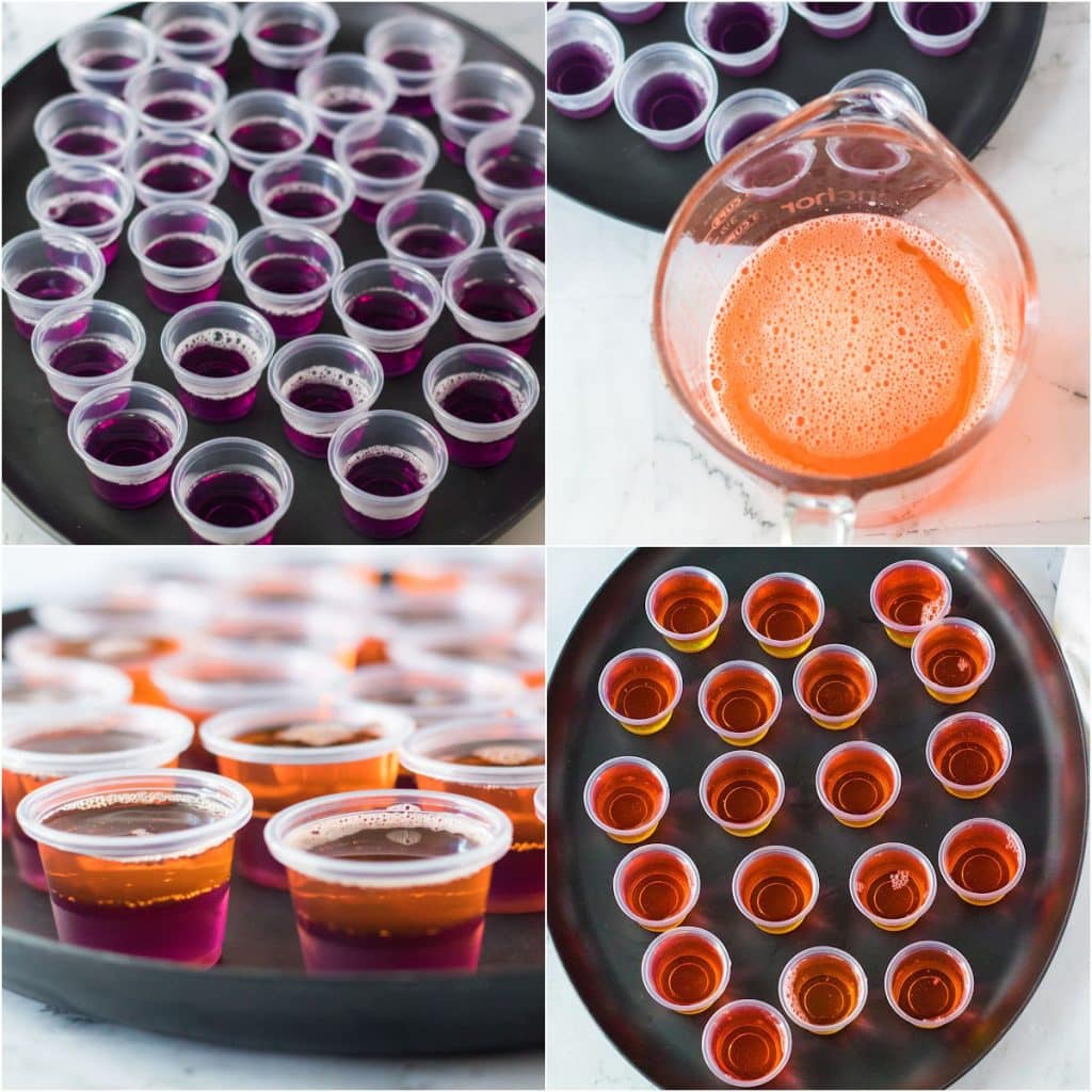 collage of 4 photos showing the process of making orange and purple jello shots.