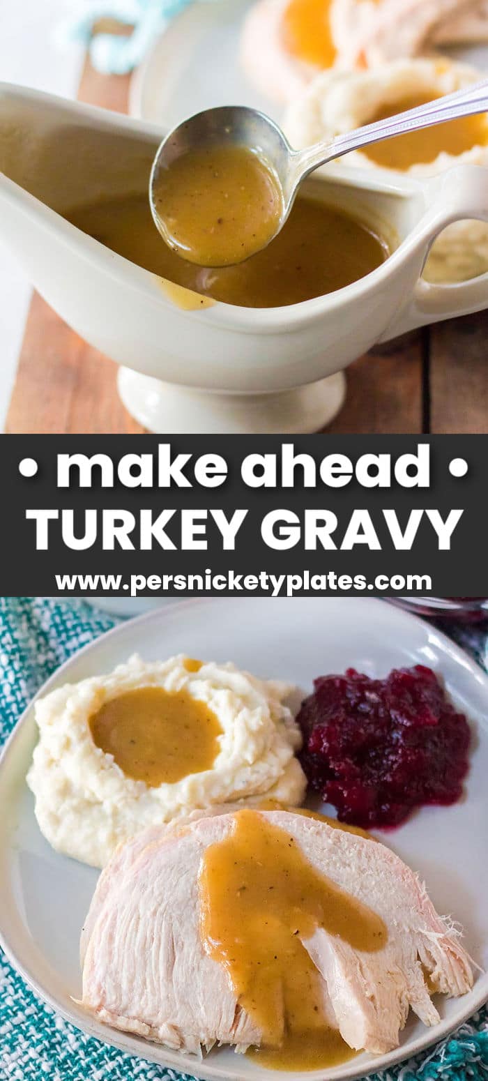 Smooth, rich turkey gravy can be made in advance so you don't need to wait on the turkey to finish cooking to make the gravy with drippings. Instead, roast turkey legs on top of onions, carrots, and celery and then simmer them in stock before turning it into a silky homemade gravy to pour over all the things! | www.persnicketyplates.com