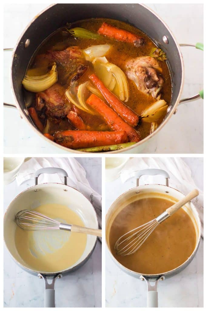 collage of 3 photos showing the process of making turkey gravy.