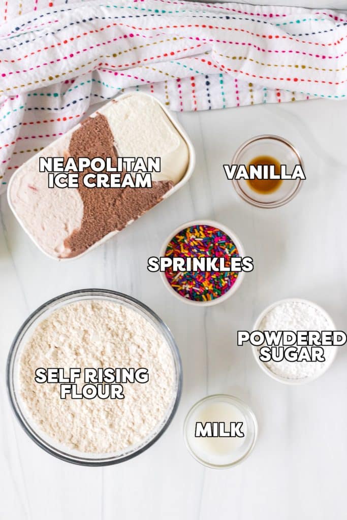 overhead shot of labeled ingredients laid out to make ice cream bread.
