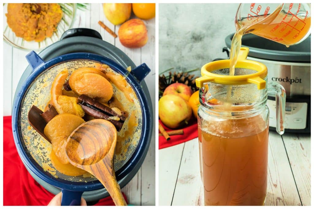 collage of two photos showing the process of straining homemade apple cider.