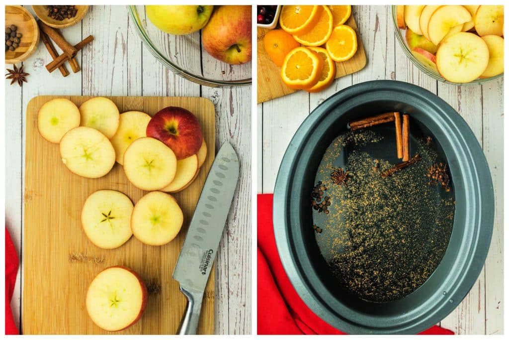 collage of two photos showing the process of making apple cider in a crockpot.