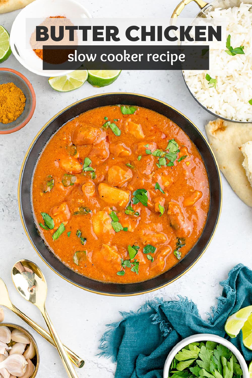 Slow Cooker Butter Chicken is a delicious dairy-free meal that is rich and creamy without adding lots of butter! This healthy Indian-inspired dish is easy to make and perfect for a weeknight dinner in the crockpot. It’s a meal that everyone in your family will love. | www.persnicketyplates.com