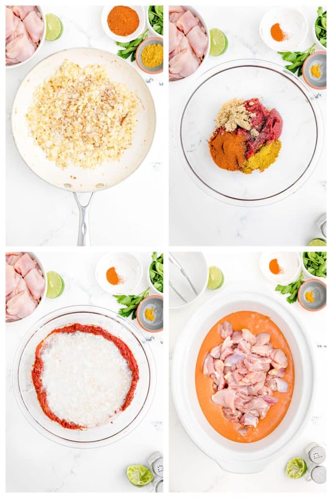 collage of 4 photos showing the process of making butter chicken in the slow cooker.