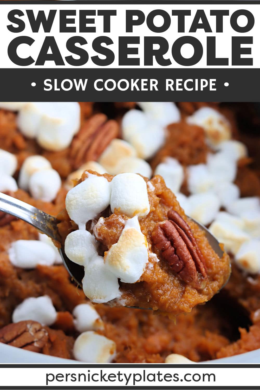 Free up oven space on holidays with this easy Slow Cooker Sweet Potato Casserole. Creamy sweet potatoes topped with a gooey marshmallow topping and pecans made right in the crockpot! | www.persnicketyplates.com