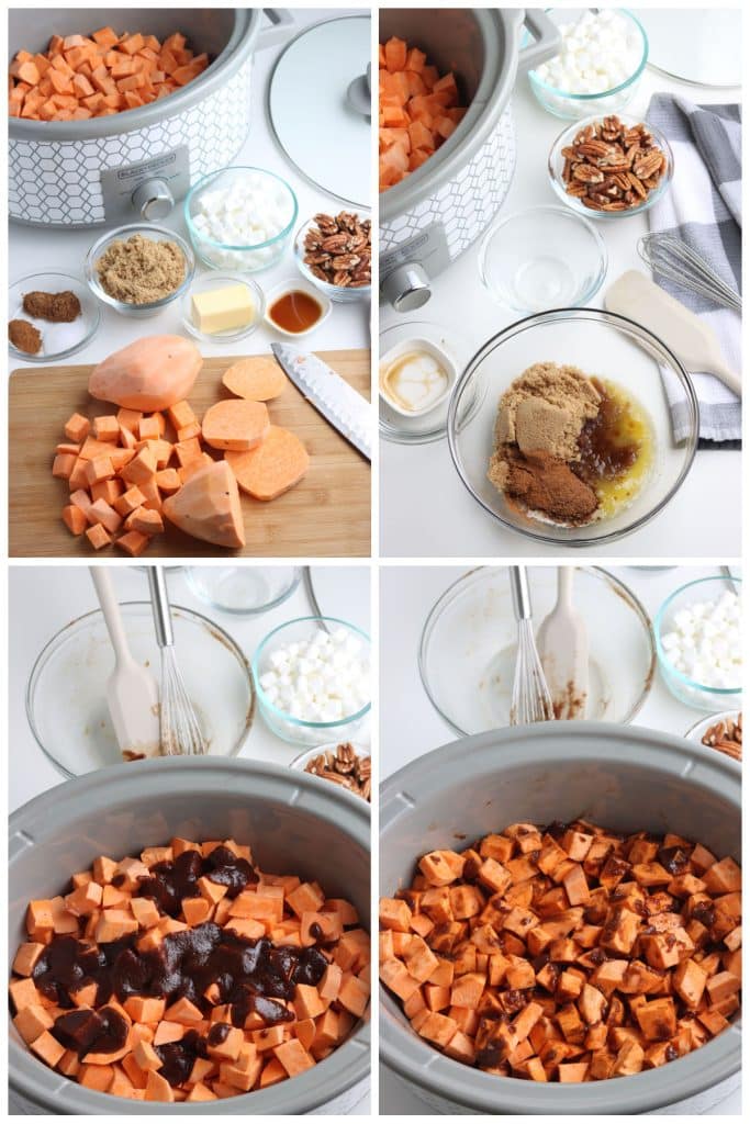 collage of 4 photos showing the process of prepping sweet potatoes to make a crockpot casserole.