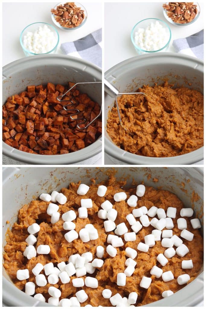 collage of 3 photos showing the process of making sweet potato casserole in a slow cooker.
