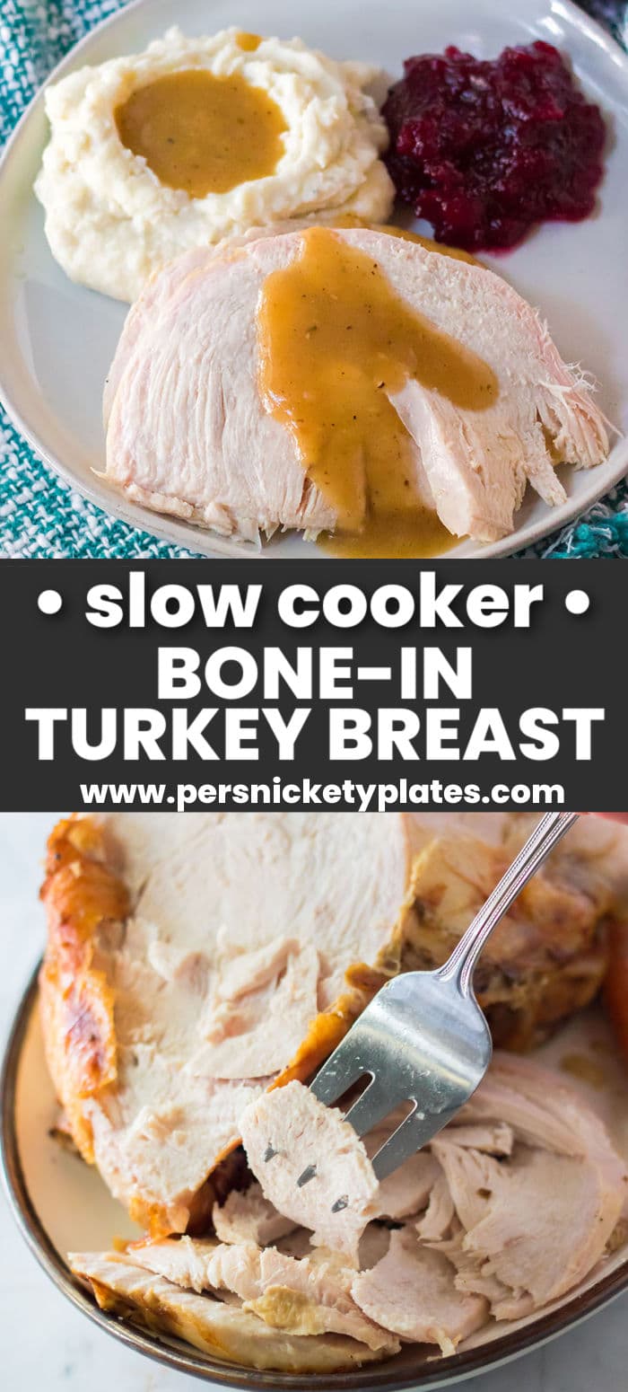 Tender and juicy Slow Cooker Turkey Breast is the easiest way to prepare a bone-in turkey breast right in your crockpot! | www.persnicketyplates.com
