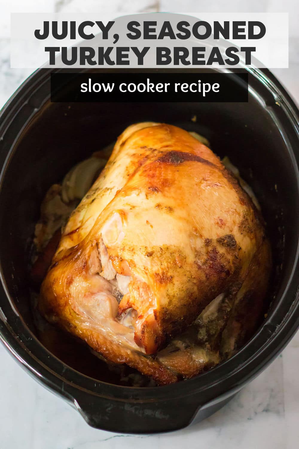 Tender and juicy Slow Cooker Turkey Breast is the easiest way to prepare a bone-in turkey breast right in your crockpot! | www.persnicketyplates.com
