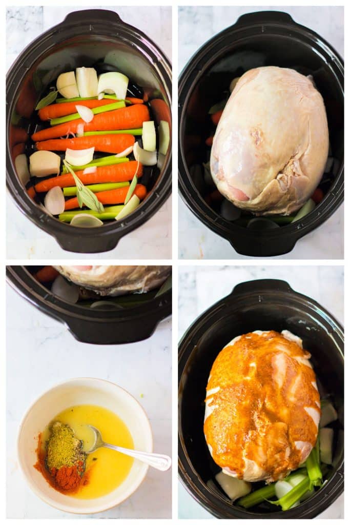 collage of 4 photos showing the process of making a turkey breast in a slow cooker.