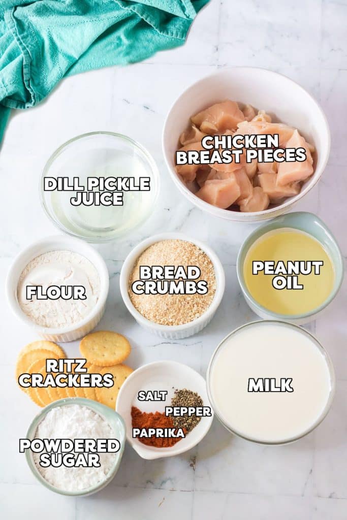 overhead shot of labeled ingredients to make copycat chick-fil-a nuggets.