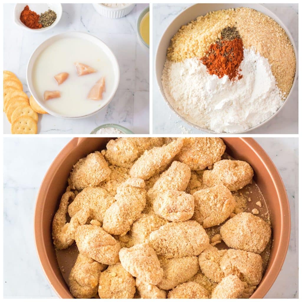 collage of 3 photos showing the process of breading copycat chick-fil-a-nuggets.