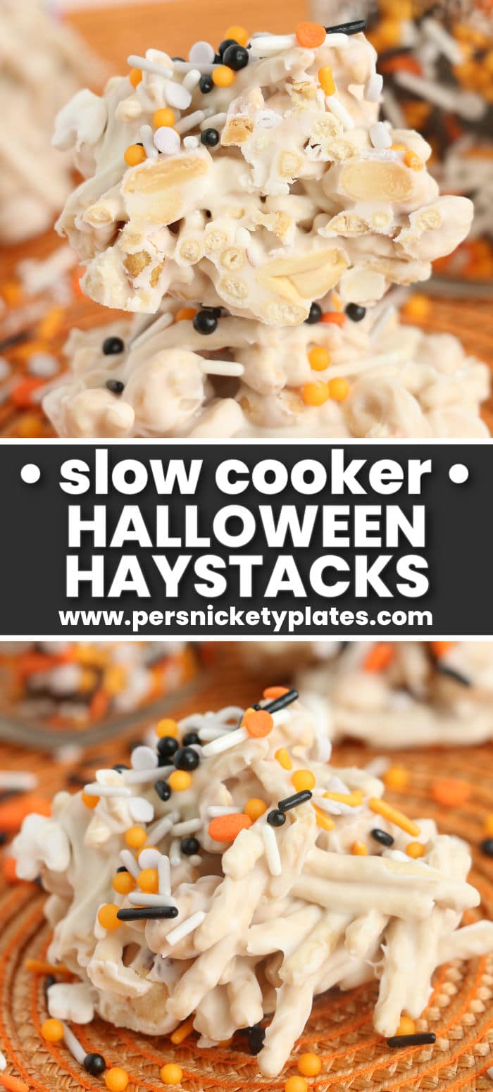 These Crockpot Halloween Haystacks are made with just four ingredients and are the perfect blend of salty and sweet. Made easy with the help of your slow cooker, these white chocolate candy haystacks with Halloween sprinkles are perfect for your next spooky party. | www.persnicketyplates.com