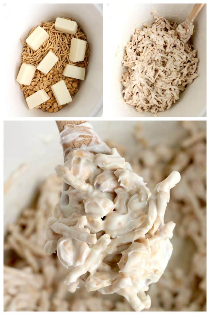 collage of 3 photos showing white chocolate haystacks being made in a crockpot.