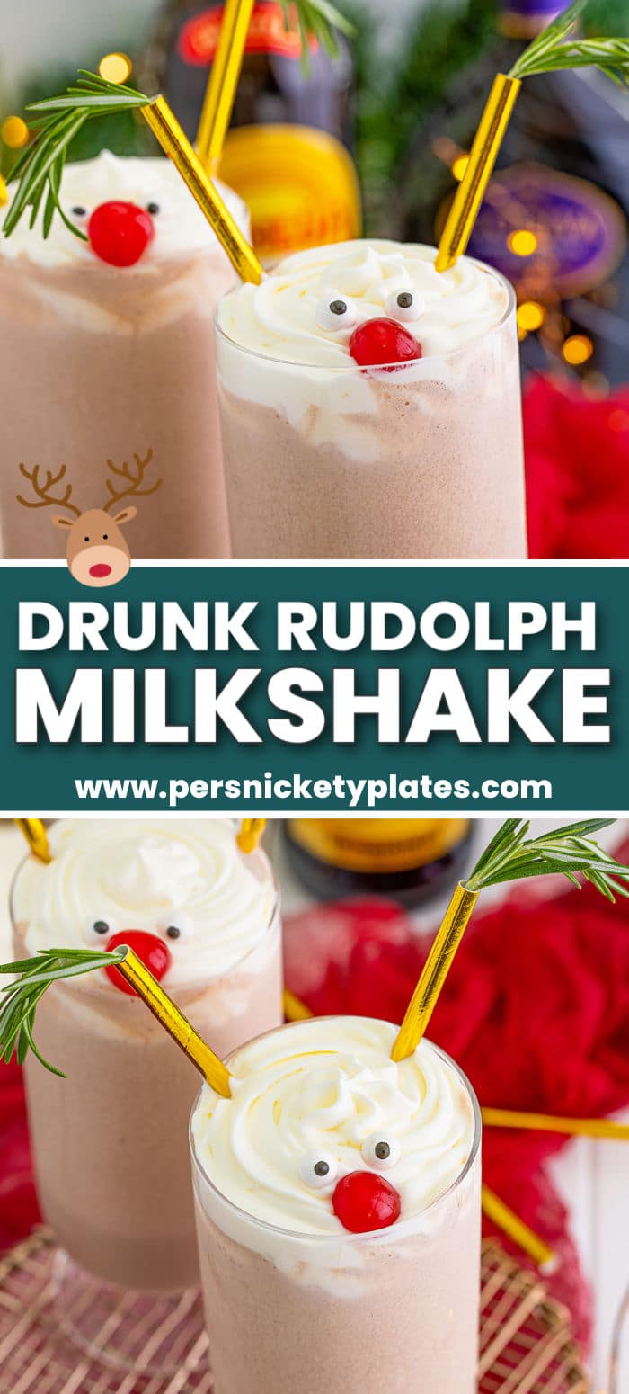 Decorate your spiked milkshake with whipped topping and Rudolph’s face this holiday season! This Drunk Rudolph Milkshake is an adorably festive, thick, and creamy cocktail and couldn’t be easier to make. All you need is vanilla ice cream, 3 kinds of liqueur, and a hot chocolate mix! | www.persnicketyplates.com