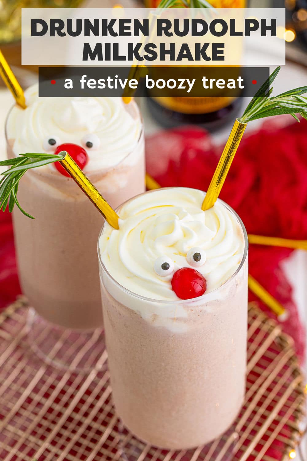 Decorate your spiked milkshake with whipped topping and Rudolph’s face this holiday season! This Drunk Rudolph Milkshake is an adorably festive, thick, and creamy cocktail and couldn’t be easier to make. All you need is vanilla ice cream, 3 kinds of liqueur, and a hot chocolate mix! | www.persnicketyplates.com