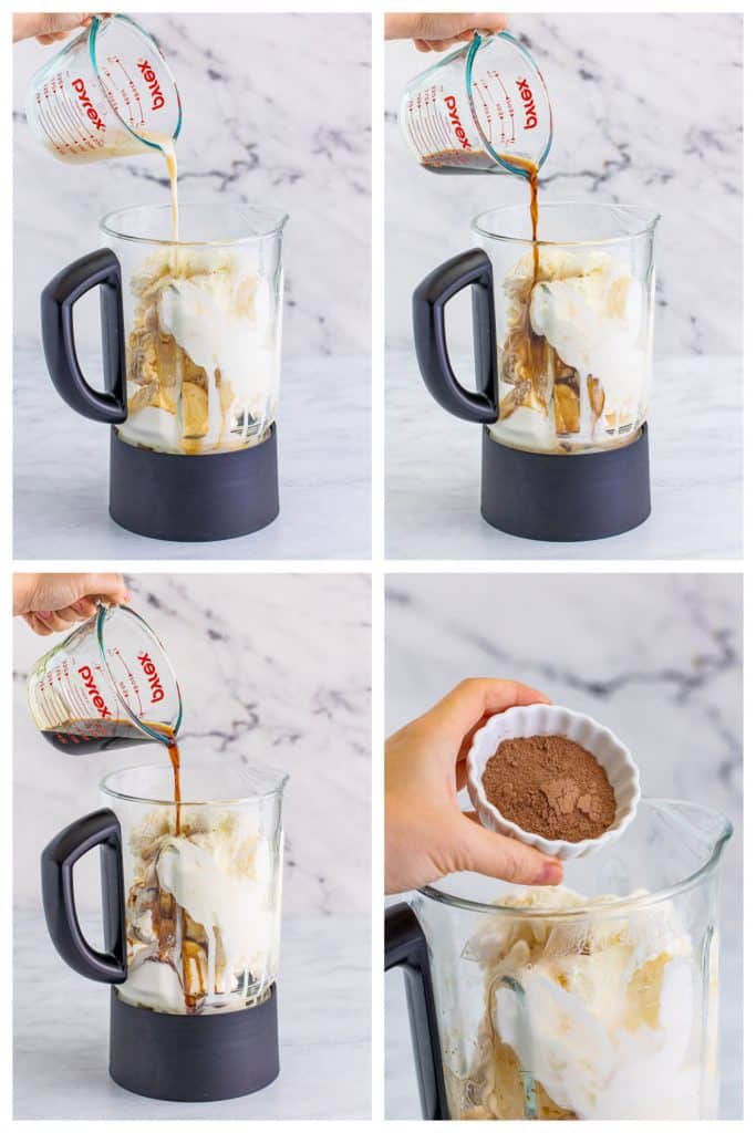 collage of 4 photos showing the process of making a milkshake in a blender.
