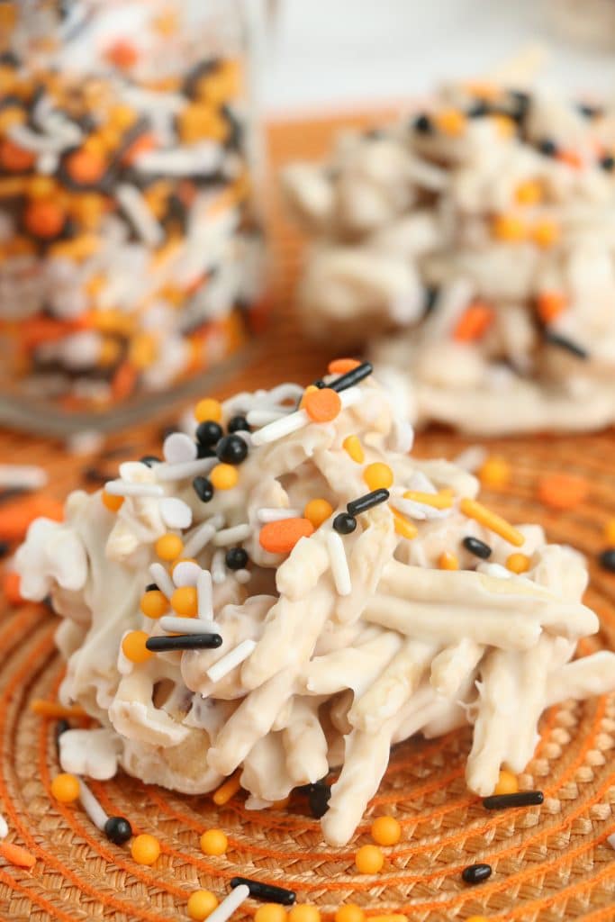 halloween haystacks with candy sprinkles.