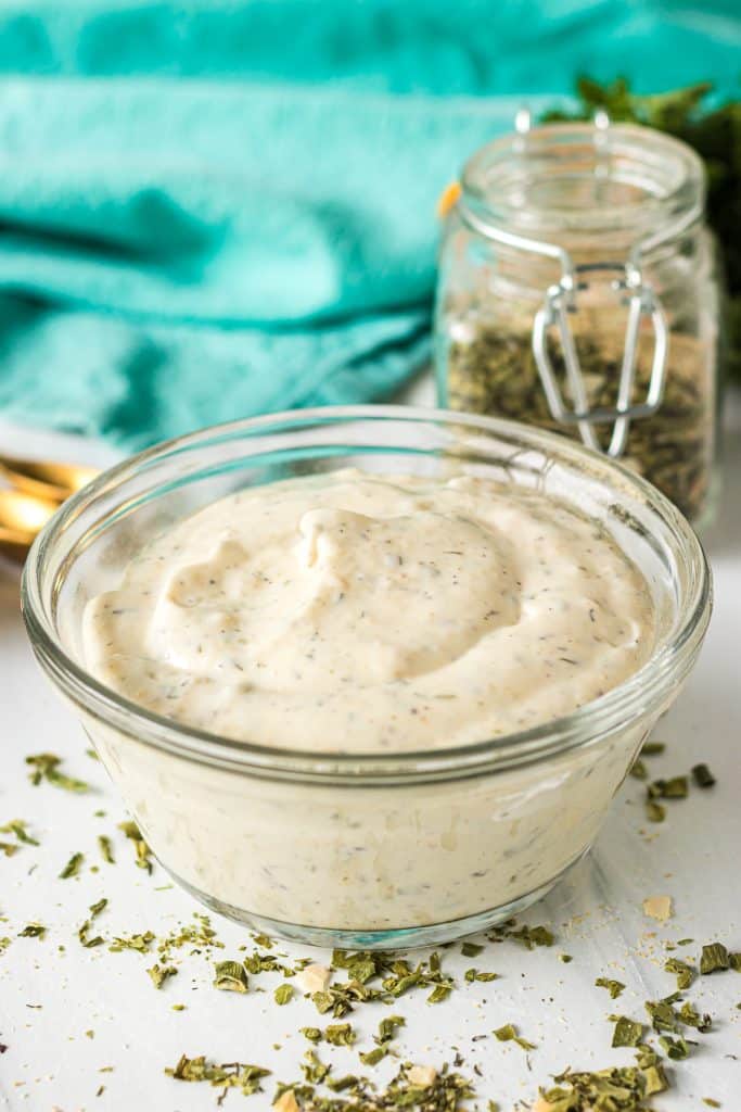 glass bowl of ranch dressing. 