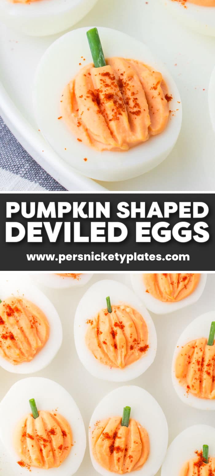 A fun fall take on classic deviled eggs, these easy Pumpkin Deviled Eggs are the perfect appetizer for Halloween, Thanksgiving, or any fall gathering. | www.persnicketyplates.com