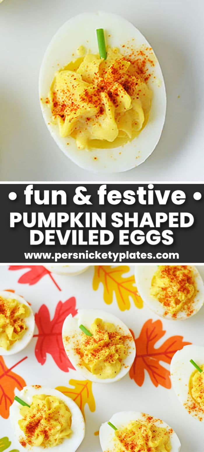 A fun fall take on classic deviled eggs, these easy Pumpkin Deviled Eggs are the perfect appetizer for Halloween, Thanksgiving, or any fall gathering.