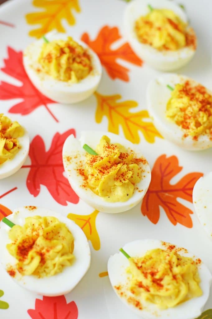 deviled eggs on a fall leaf pattern platter.